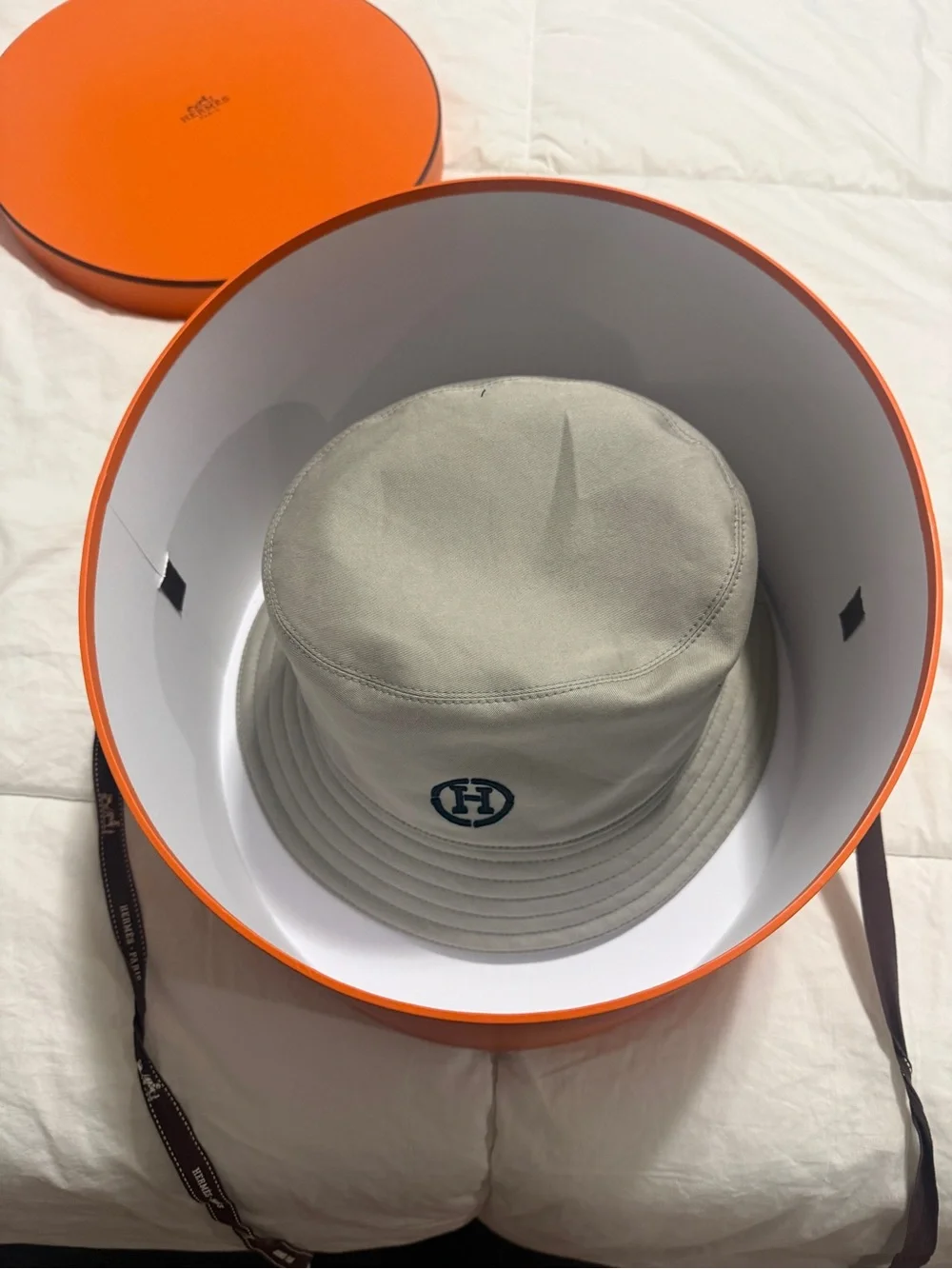 Hermes Light Gray Bucket Hat with Black Logo
